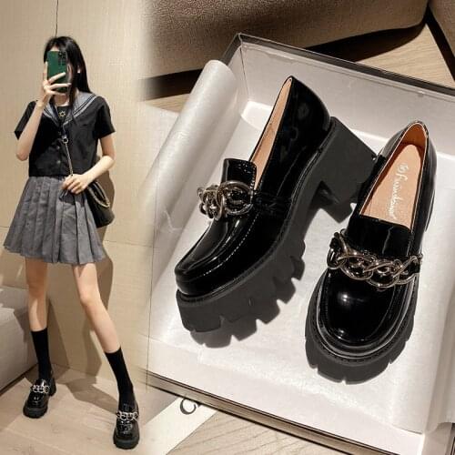 2021 Metal Chain shiny small leather shoes women creepers oxfords flats round toe thick high heels loafers woman plus size 40-43