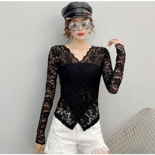 Womens Spring Autumn Style Lace Blouses Shirt Womens V-Neck Solid Color Hollow Out Long Sleeve Elegant Lace Tops DD9026