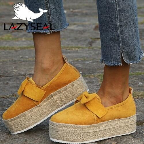 LazySeal Platform Women Flats Heel Shoes Loafers Woman Bow Shoes Women Round Toe Slip-on Cane Mules Shoes For Women Big Size 43