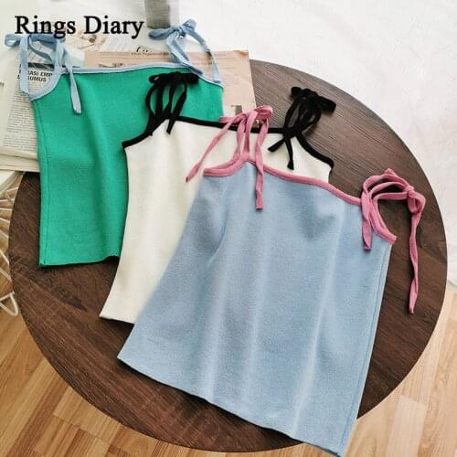 Rings Diary Women Knitted Cropped Tops Summer Solid Color Contrast Color Bow Tie Sweet Knit Tops Sweet Girl Going Out Casual Top