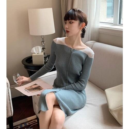 New 2020 Autumn Winter Women Dress Knitting High Waist Buttons Bottoming Patchwork Elegant Sexy Long Dress CL481