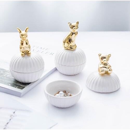 Gold 3d Cat kitty Bear Porcelain Jewelry Holder Ring Dish Ceramic Jewelry Home Decor Tray bowl jar for Wedding Christmas Birth