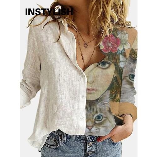 Elegant Cartoon Printing Patchwork Blouses and Shirts Casual Long Sleeve Loose Cotton and Linen Oversized Tops Casual Tunic 2XL