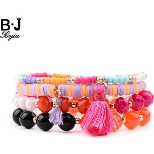 BOJIU 4 Pcs/Set Rubber Quartz Acrylic Crystal Bracelets Women Girl Orange White Purple Black Bead Tassel Charm Bracelet BCSET209