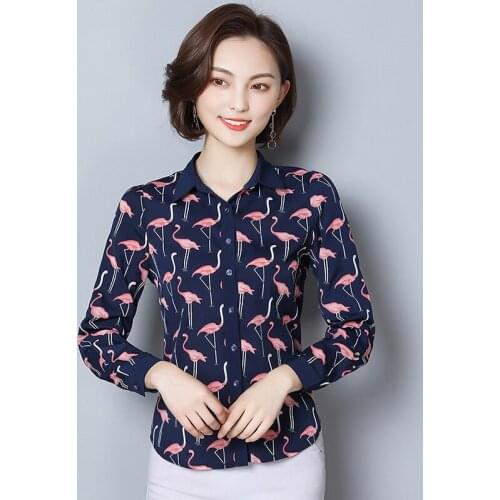 Plus Size X-3XL Shirt Female 2018 Spring New Swan Animal Printing Chiffon Blouses Fashion Long-sleeved Lapel Female Tops Blusa