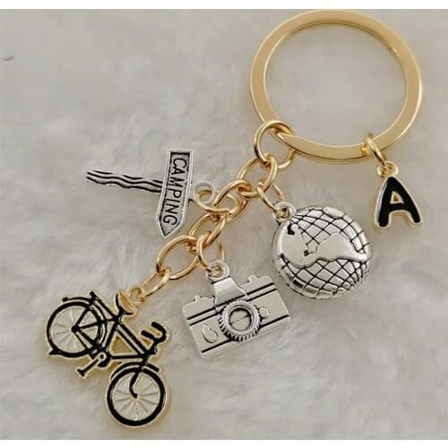 Hot sale A-Z letter keychain enamel bicycle keychain logo bicycle map camera keychain travel keychain jewelry