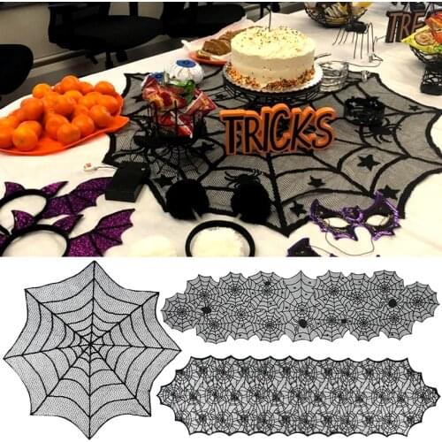 Halloween Spiderweb Tablecloth Black Lace Table Runner Cloth Cover Cobweb Fireplace Mantel Scarf Halloween Party Decor Supplies