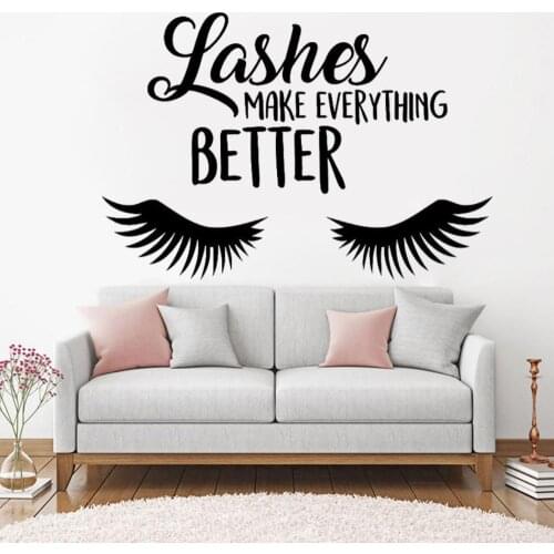 Girls Bedroom Quote Stickers Beautiful Eyelashes Wall Vinyl Decor Decals Art Make Up Beauty Salon Wall Window Ornament H873