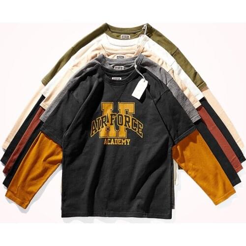 Military Style Heavyweight Pure Cotton Long Sleeve Print T-shirt Mens Retro Contrast Color Fake Two-piece Splicing Casual Tops