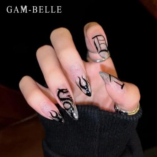 GAM-BELLE Black Chinese Dragon Glitter Fake Nails Gothic Long Almond Full Artificial False Nails Art Decoration Manicure Tools