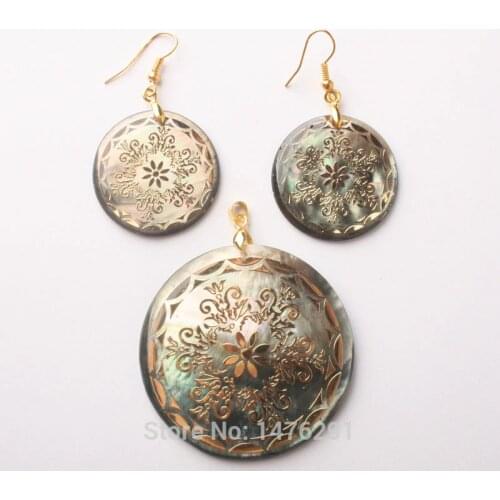 Exquisite Mother of Pearl Shell Coin Bead Inlaid Flowers Pendant & Dangle Earrings 1 Set