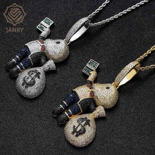 JANRY Hand Holding Dollar Bills Bald Boy Pendant Necklace Zircon Hip Hop Colorful Necklace With 60cm Rope Chain For Men Women