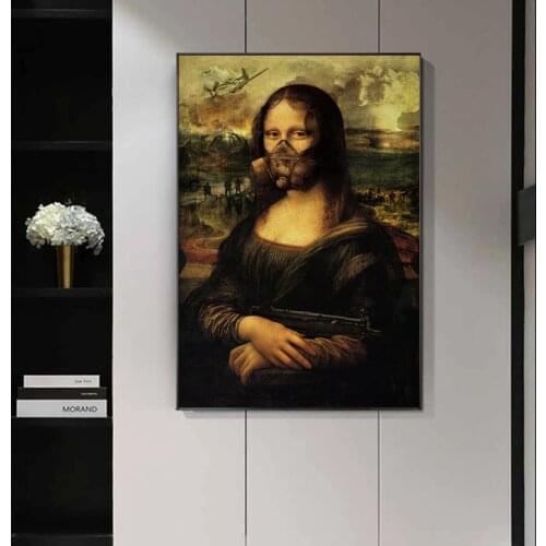 Mona Lisa Hold A Gun In The War Canvas Paintings Funny Art Posters and Prints Wall Art Pictures for Living Room Home Decoration