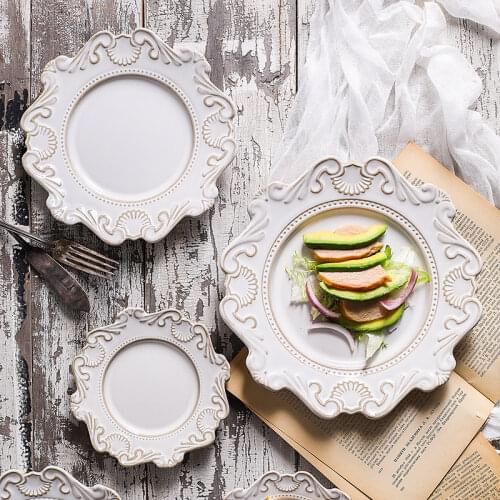 Nordic Court Style Retro Relief Ceramic Tableware Household Dish Western Dish Rice Bowl Soup Noodles Bowl Dessert Dish