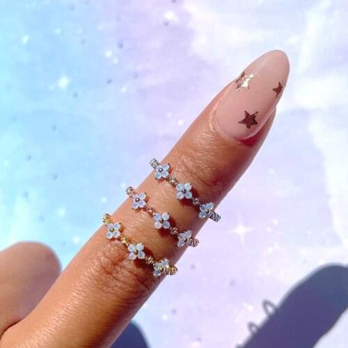 Egirl Aesthetic Blue Bead Flower Rings for Women Y2K Jewelry INS Vintage Cute Copper Zircon Ring 2000s Fashion Friends Gifts