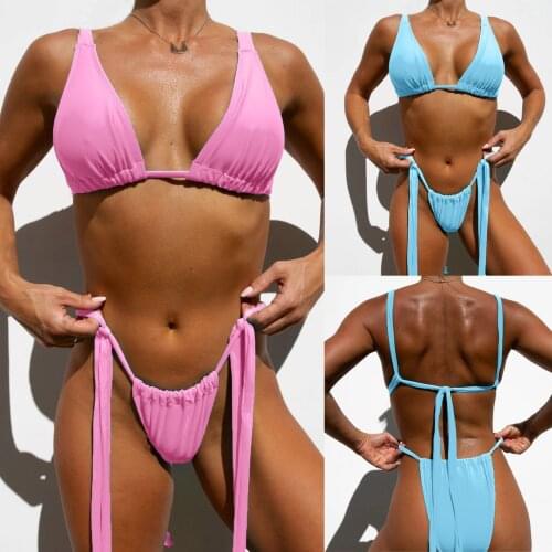 Sexy Bikini Set Women Summer Sexy Solid Push Up High Cut Lace Up Halter Bikini Set Two Piece Swim suit Swimwear купальник c50