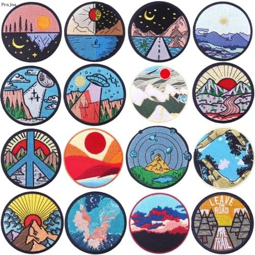 Prajna Round Mountain Patches Nature Adventure Explorer Embroidered Patches For Clothing Applique Iron On Patch For Jacket Cloth
