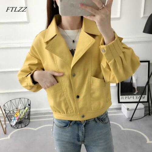 FTLZZ Leather Jackets Women Turndown Collar Single Breasted PU Motorcycle Black Yellow Punk Jacket Female Short Loose Outwear
