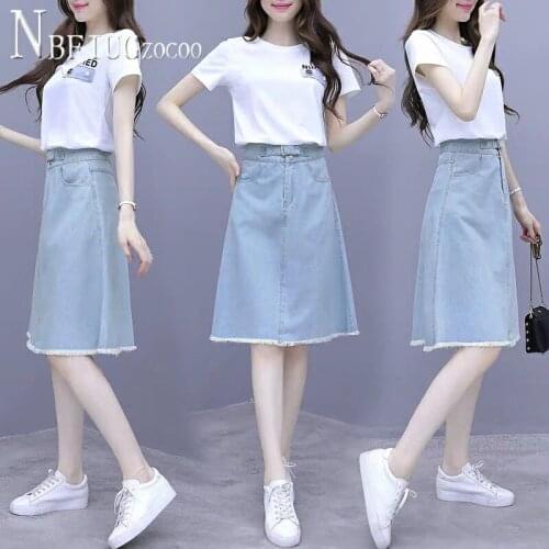 2020 Summer New Korean Women Sets T Shirt And Denim Skirt Female Sets