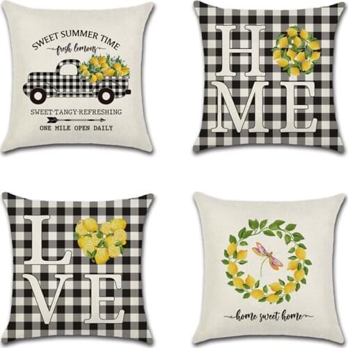 Lemon truck home love Linen Cushion Cover 45X45cm Black&White plaid Pillow Case Home Decorative Pillows Cover For Sofa