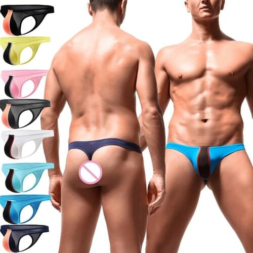 Men Sexy Thongs G Strings Ultra-thin Smooth Ice Silk Gay Underwear Male Bikini Pouch Patchwork T Back Thong Tanga Panties M-2XL