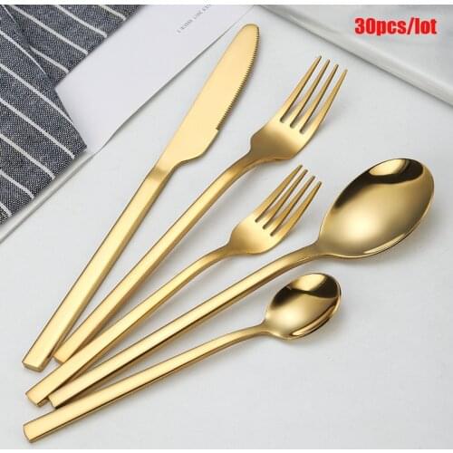 Mirror Golden Cutlery Set Shiny Stainless Steel Gold Dinnerware Tableware Sets Kitchen Dinner Knife Fork Spoon Teaspoon 30PCS