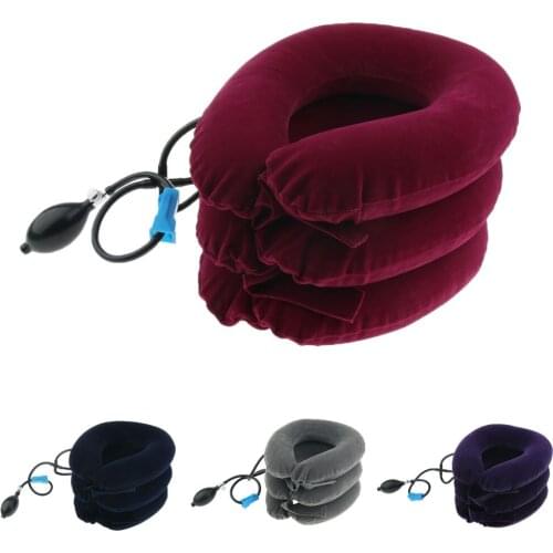 3-Layered Premium Inflatable Cervical Neck Traction Pillow Collar Device Stretcher Blue Gray Purple Red