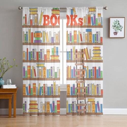 Cartoon Bookshelf Print Sheer Window Panel Curtains Room for Living Room Bedroom Kitchen Room Chiffon Tulle Curtains