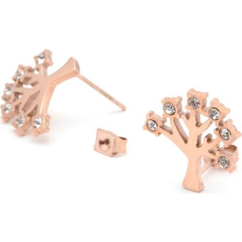 Stainless Steel Life Tree Crystal Earring Stud Rose Gold Color Fashion Jewelry Women Gift