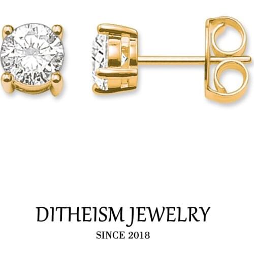 Round Crystal Gold Color Stud Earrings, 2018 New Fashion Jewelry Classic 925 Sterling Silver Gift For Women Men Lover