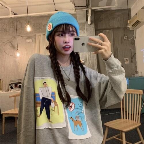 Loose Fashion Casual Patch Print 2020 Fall Sweatshirt Drop Shoulder Long Sleeve College Style