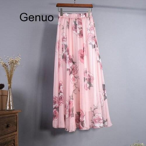 Women Fashion Florals Print Long Skirt Female Boho Style Elastic High Waist Chiffon Casual Beach Skirts Saias 19 Color Summer