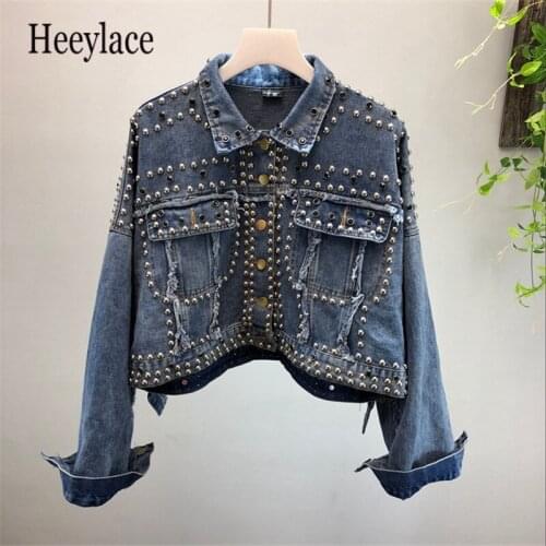 2021 Autumn New Studded Rivet Denim Jacket Womens Single Breasted Casual Short Jeans Jackets Coat Female Loose Crop Top