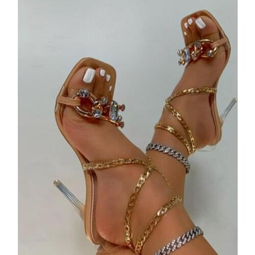 2021 New Summer WomenS Square Toe Sandals Crystal Chain Serpentine Ladies Shoe Fashion Thin Heels Outdoor Party Women Footwear