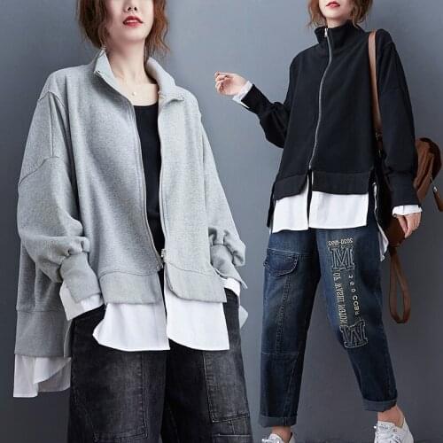 Women Sweatshirts New Plus Size Loose Zipper Fake Two Cardigan Ladies Outwear Autumn Winter Clothing Pocket Hoodie Coat Sudadera