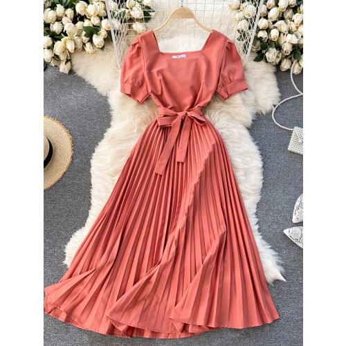 Vintage Square Collar Pleated Dress Women Spring Summer 2021 New Fashion Yellow/Blue/Red High Waist Bandage Party Vestidos Robe