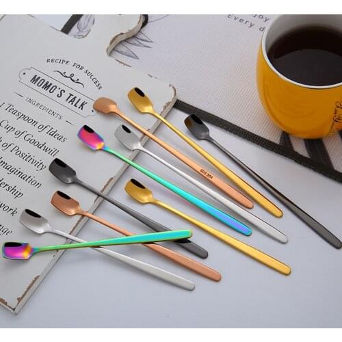 1pc Creative Coffee Spoon colorful Stainless Steel Long Handle Stirring Spoon To Cross Black Gold Short Handle Square Head Spoon