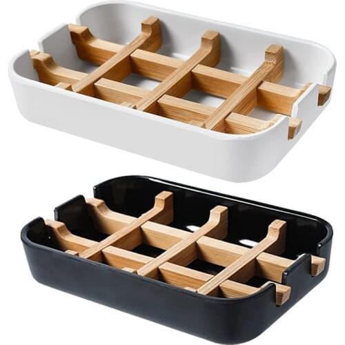 2 Pack Wooden Soap Dishes for Bathroom Bar Soap Holder Shower Soap Box Sink Deck Bathtub Shower Tray (Black,White)