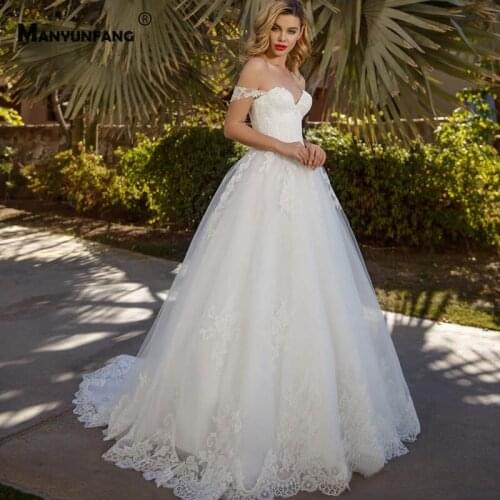 2021 Hot Sale Off the Shoulder Court Train Zipper Back Wedding Dress Elegant Sweetheart Neck Appliques Tulle Bridal Ball Gown