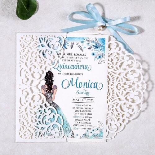 50pcs Blue Wedding/Quinceanera Laser Cut Hollow Rose Wedding invitations Cards With Ribbon and Envelopes