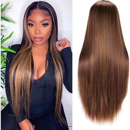 72cm Gradient Color Wig Long Section Natural Straight Synthetic Wig Heat-Resistant High Temperature Silk Human Hair Wig