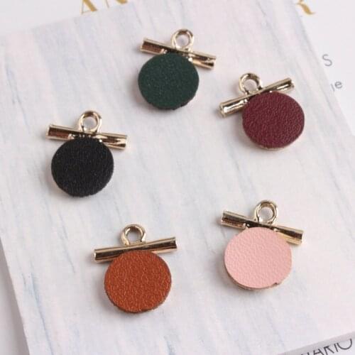 Free Shipping 10PCs 14*16MM Round PU Fabric Leather Paved Round Alloy Pendant Charms Gold COlor Plated Metal DIY Bracelet Charm