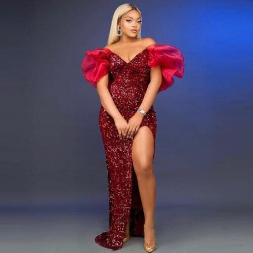 Shiny Sequined Mermaid Prom Dresses Dark Red Off The Shoulder Slit Evening Dress African Side Split Party Gowns Plus Size