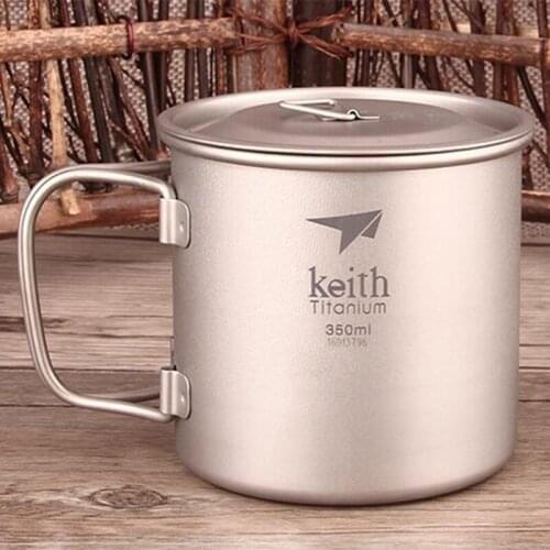 Keith Cup 350ml Pure Titanium Camping Traveling Drinkware Outdoor Camping Picnic Hiking Cup Single-wall Mug Fold Handle