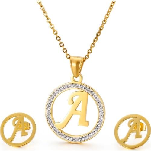 Jewels Store Capital Letter Jewelry Set Women Rhinestone & Stainless Steel Gold Letter M Pendant Necklace & Earrings Set