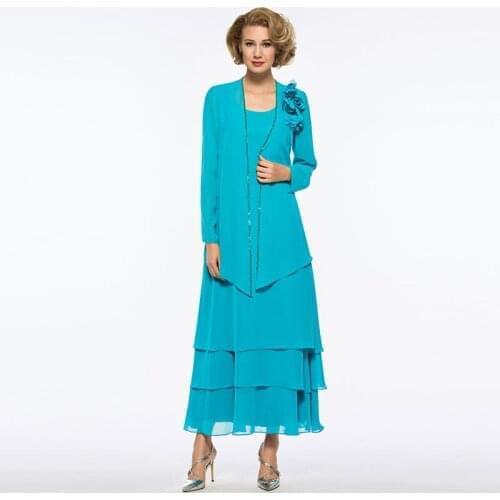 Tanpell Elegant Mother Dress Scoop Neck Long Sleeves Tiered Chiffon Ankle-Length Woman Party Gown Mother Dress 2019