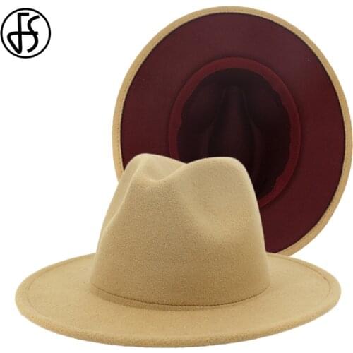 FS Camel Wine Red Patchwork Fedora Hats Women Men British Gentleman Jazz Wool Felt Wide Brim Panama Party Trilby Cap
