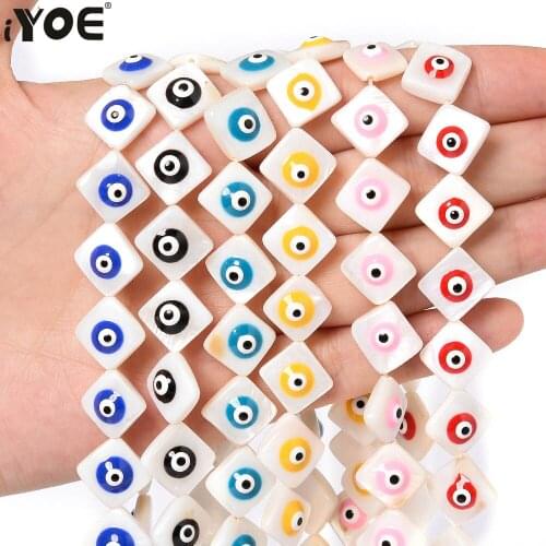 IYOE 25pcs/Lot 10mm Square Natural White Shell Beads Enamel Evil Eye Beads For Jewelry Making Bracelet Earring DIY Accessories