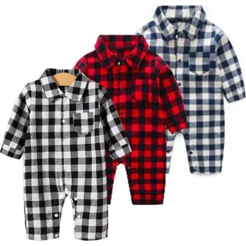 2021 spring Neworn Baby Romper Girls Clothes Boys Jumpsuit Turn-down Collar Long Sleeve Plaid Cotton Outwear Costume Toddler