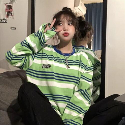 Korea Aesthetic Clothing Hip-Hop Rainbow Stripes Color Matching Long-Sleeved T-Shirt Female Couple Gothic Clothes Punk y2k Tops